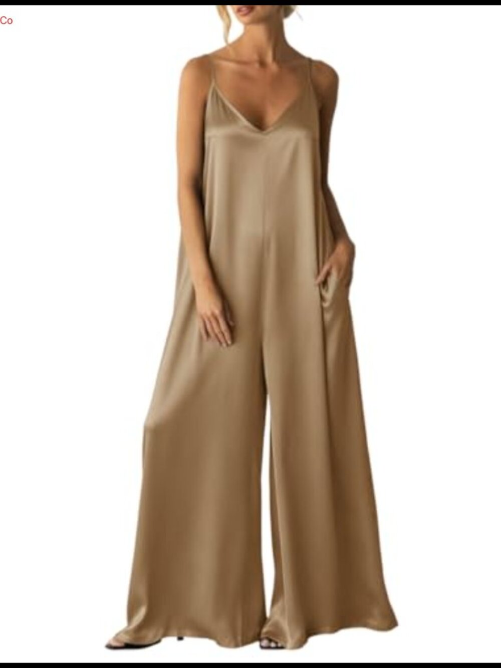 Satin Wide Leg Jumpsuit Adjustable Spaghetti Strap V-Neck Sleeveless Dressy